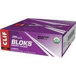 Back of a CLIF Bloks Mountain Berry packet with nutrition facts, ingredients, and storage information.