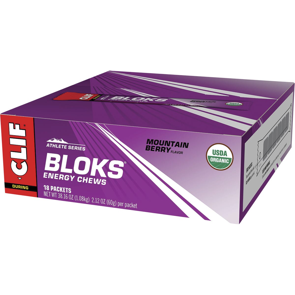 Back of a CLIF Bloks Mountain Berry packet with nutrition facts, ingredients, and storage information.