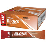 Orange box and individual packet of CLIF Bloks Energy Chews in Orange flavor with caffeine.