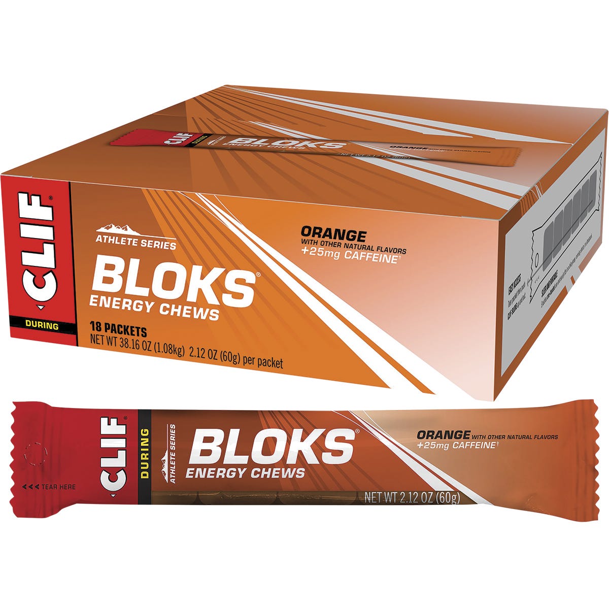 Orange box and individual packet of CLIF Bloks Energy Chews in Orange flavor with caffeine.