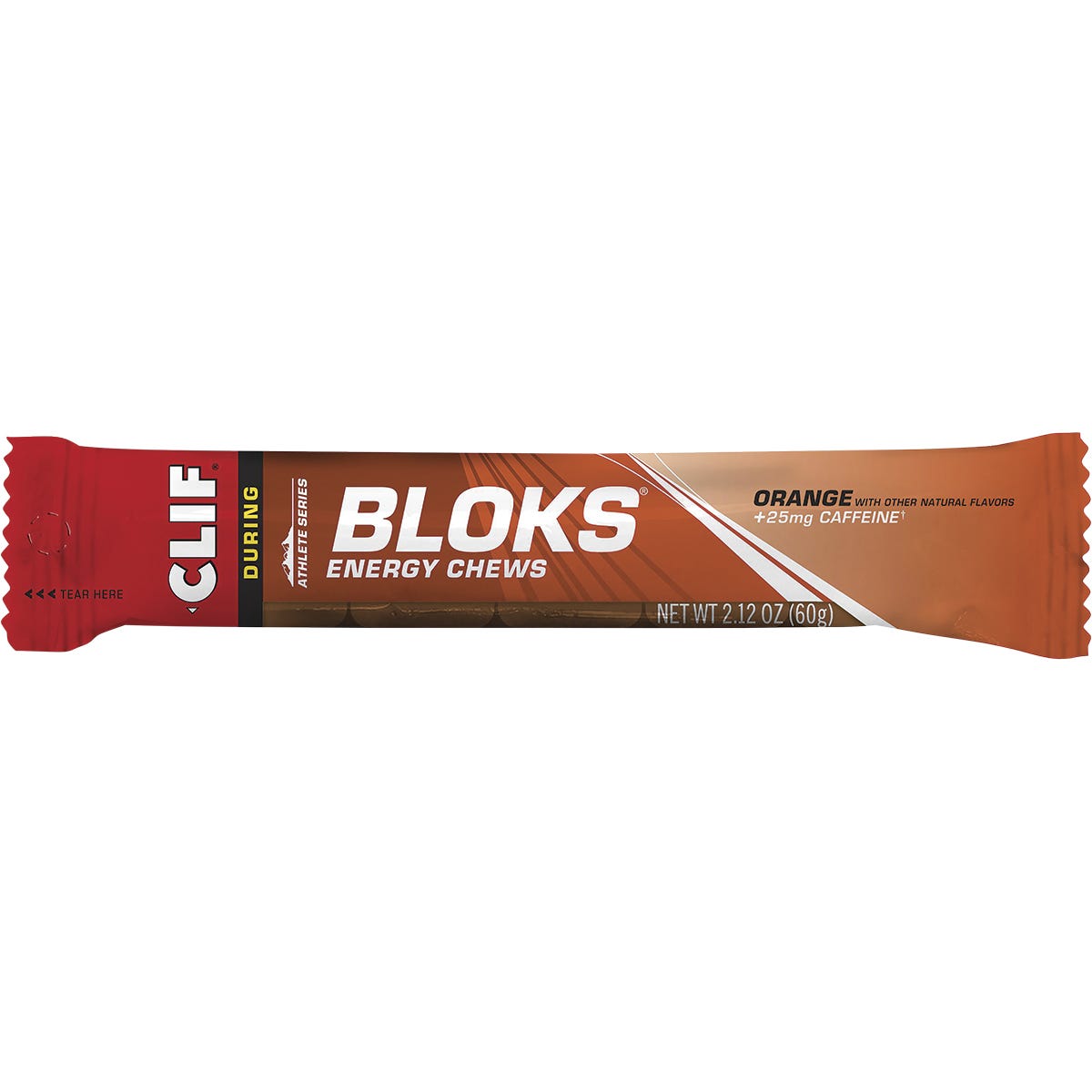 Individual packet of orange-flavored CLIF Bloks Energy Chews with caffeine on a white background.