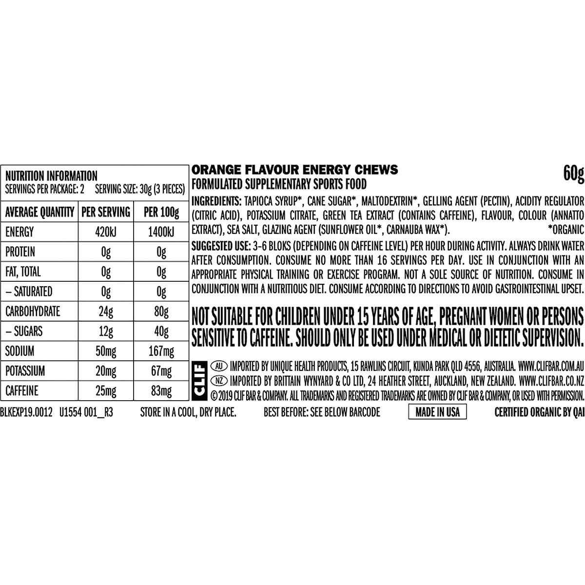 CLIF Bloks Energy Chews Orange 25mg Caffeine 60g (Pack of 18) Payless 4 Organics