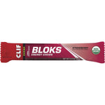 Strawberry CLIF Bloks Energy Chews in a red 60g sleeve featuring a strawberry illustration and organic ingredients.
