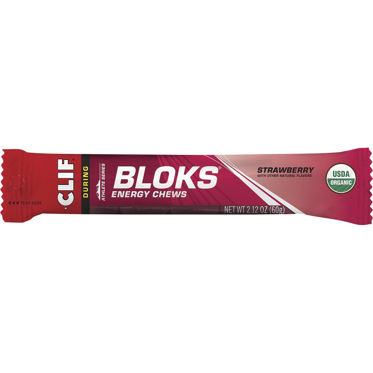 Strawberry CLIF Bloks Energy Chews in a red 60g sleeve featuring a strawberry illustration and organic ingredients.