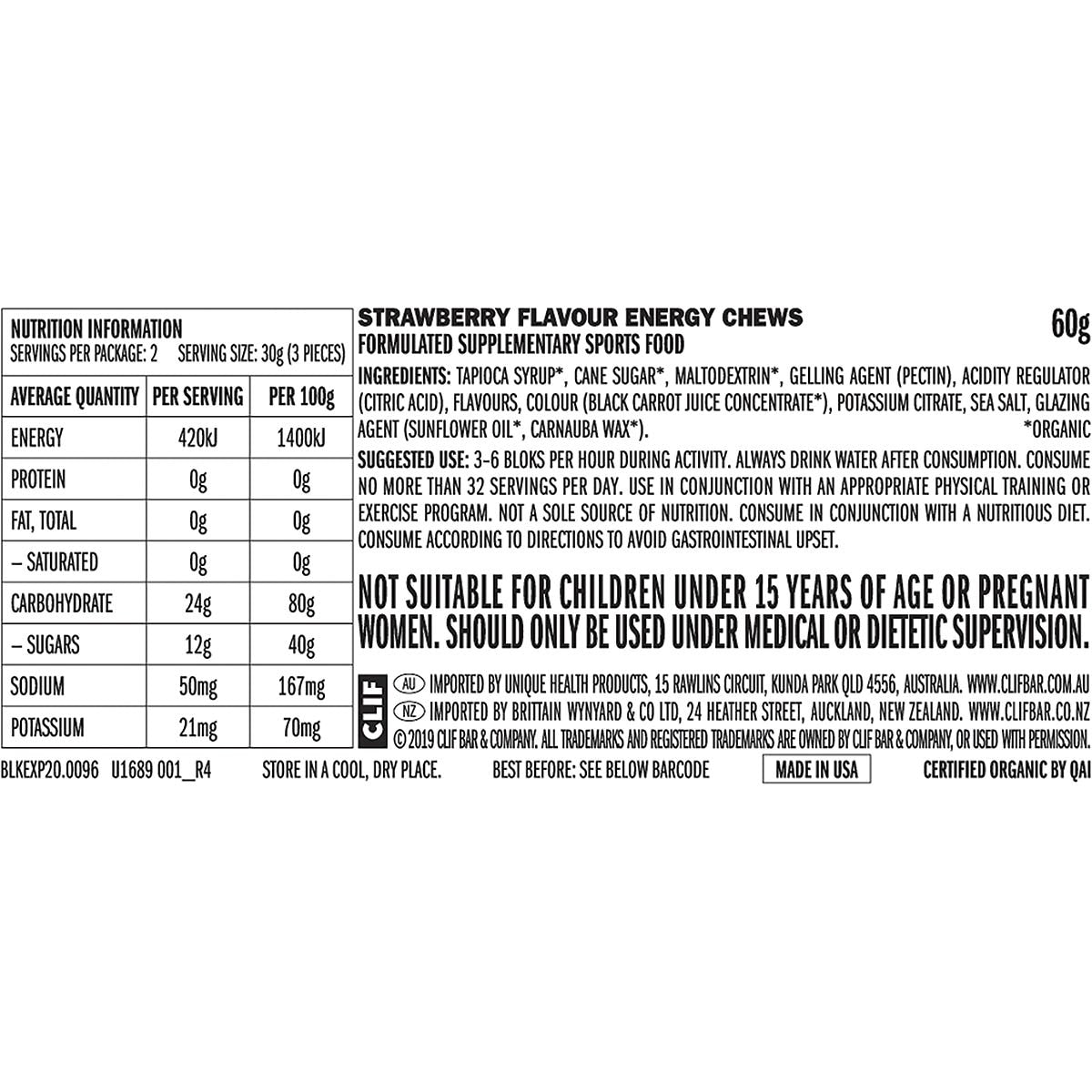 Back of a red CLIF Bloks Strawberry 60g sleeve showing nutrition facts, ingredients, and preparation instructions.