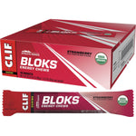 Strawberry CLIF Bloks Energy Chews 18-pack box and individual sleeve featuring red packaging and a strawberry illustration.