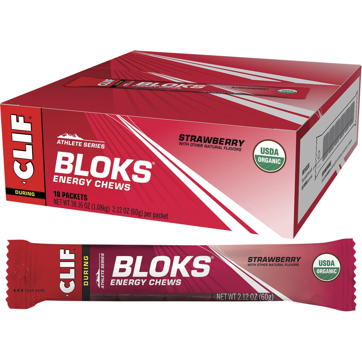 Strawberry CLIF Bloks Energy Chews 18-pack box and individual sleeve featuring red packaging and a strawberry illustration.