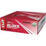 Red 18-pack retail display box of Strawberry CLIF Bloks Energy Chews with individual 60g sleeves.