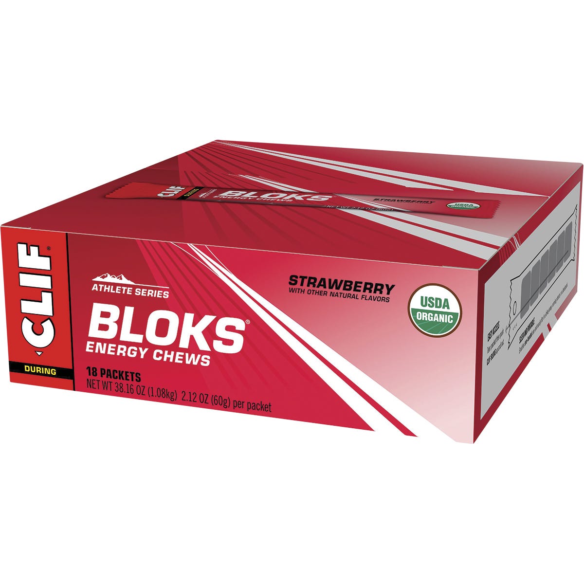 Red 18-pack retail display box of Strawberry CLIF Bloks Energy Chews with individual 60g sleeves.