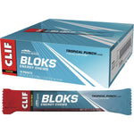 CLIF Bloks Tropical Punch Energy Chews 18-pack box and individual sleeve with 25mg caffeine on a white background.