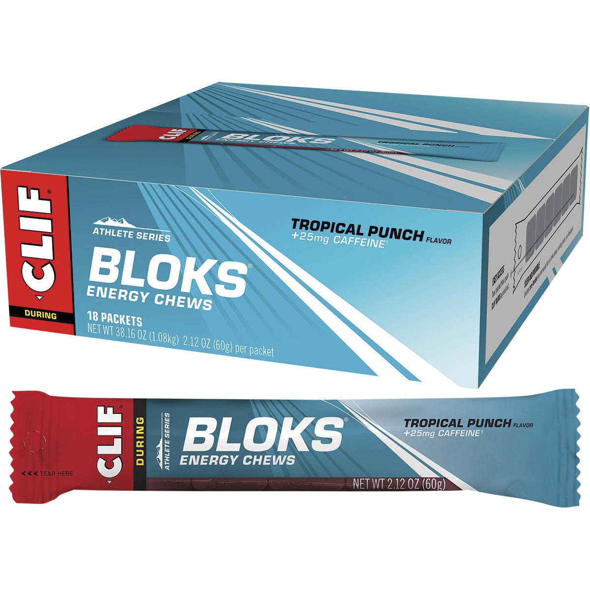 CLIF Bloks Tropical Punch Energy Chews 18-pack box and individual sleeve with 25mg caffeine on a white background.
