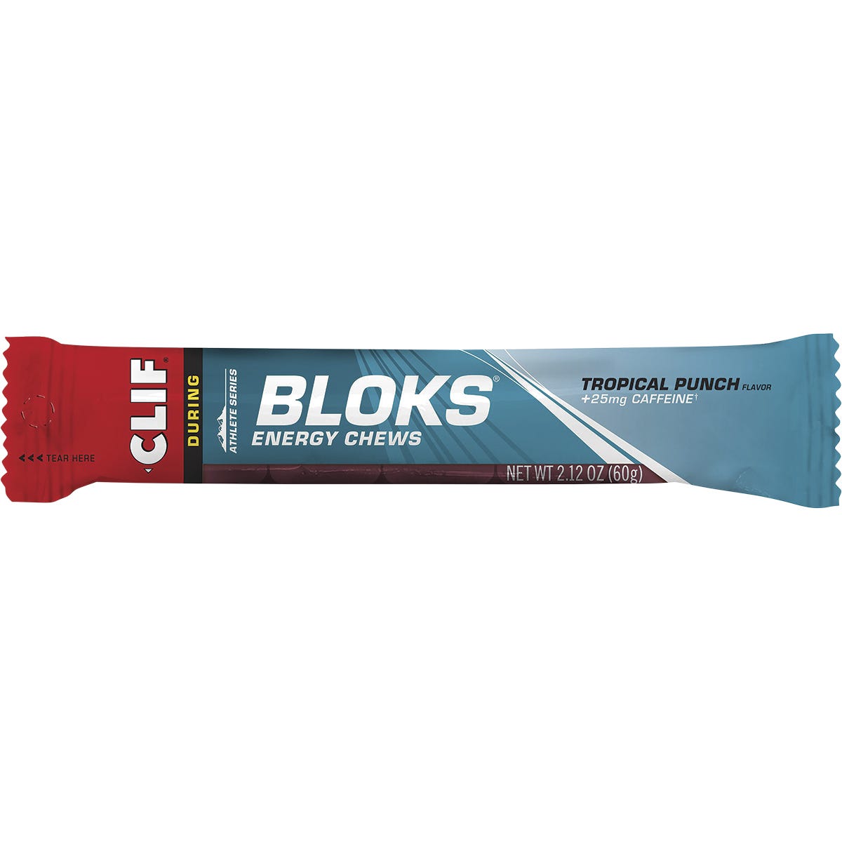 18-pack box and individual 60g sleeve of CLIF Bloks Tropical Punch Energy Chews with 25mg caffeine.