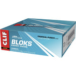 Back of CLIF Bloks Tropical Punch Energy Chews 18-pack box showing usage directions and product details.