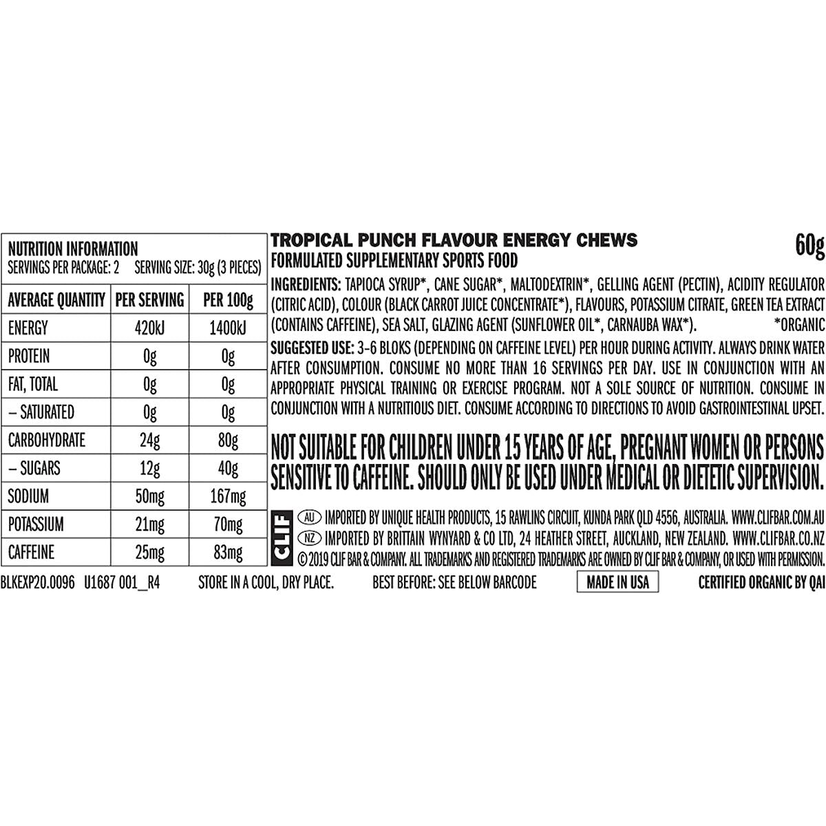 CLIF Bloks Tropical Punch Energy Chews 18-pack box showing nutrition facts and ingredients on a white background.