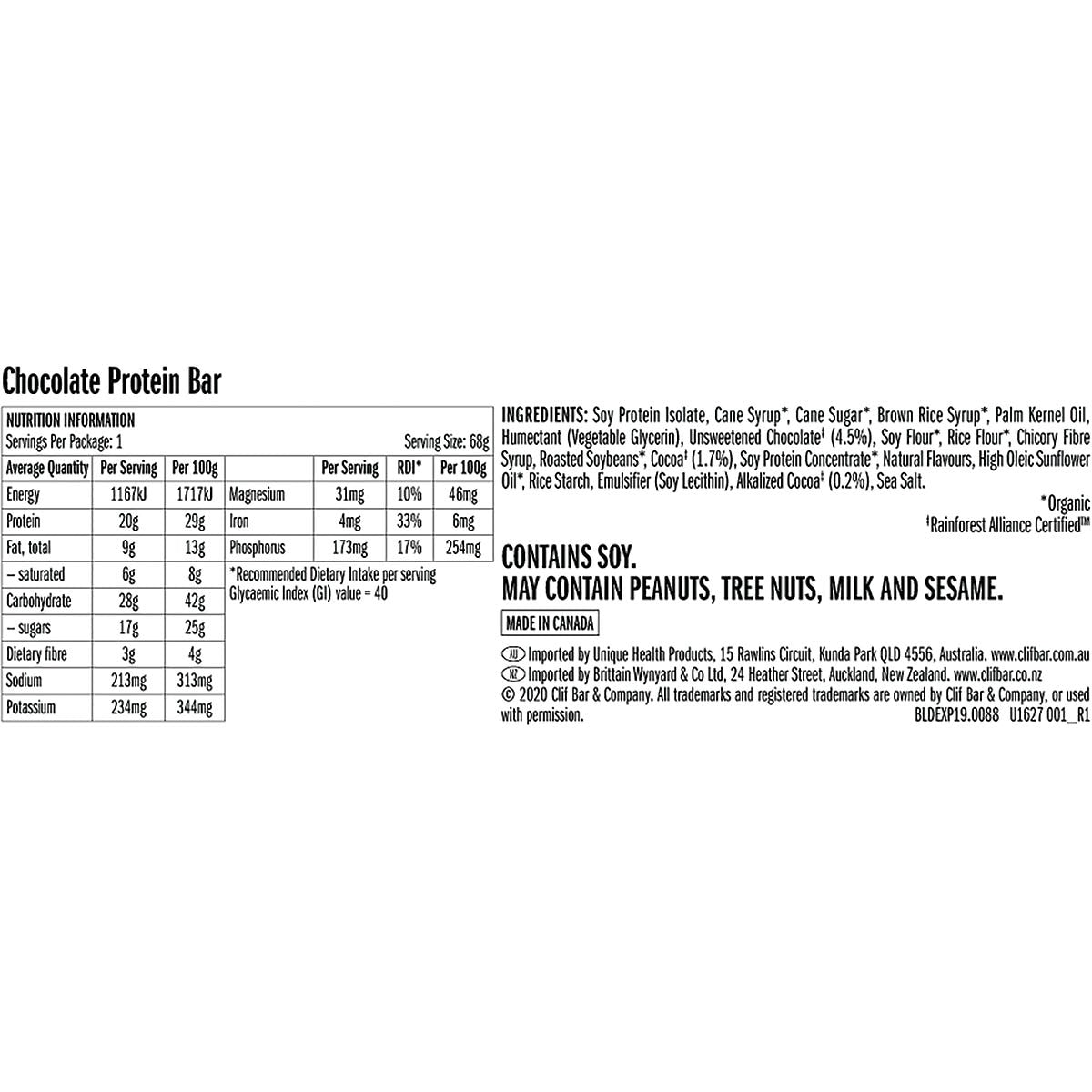 Side view of a 120g Clif Builders Chocolate protein bar box with 20g protein and gluten-free callouts.