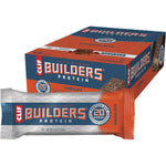Twelve-pack of 68g Clif Builders Chocolate protein bars in a brown box with a chocolate splash and bar illustration.