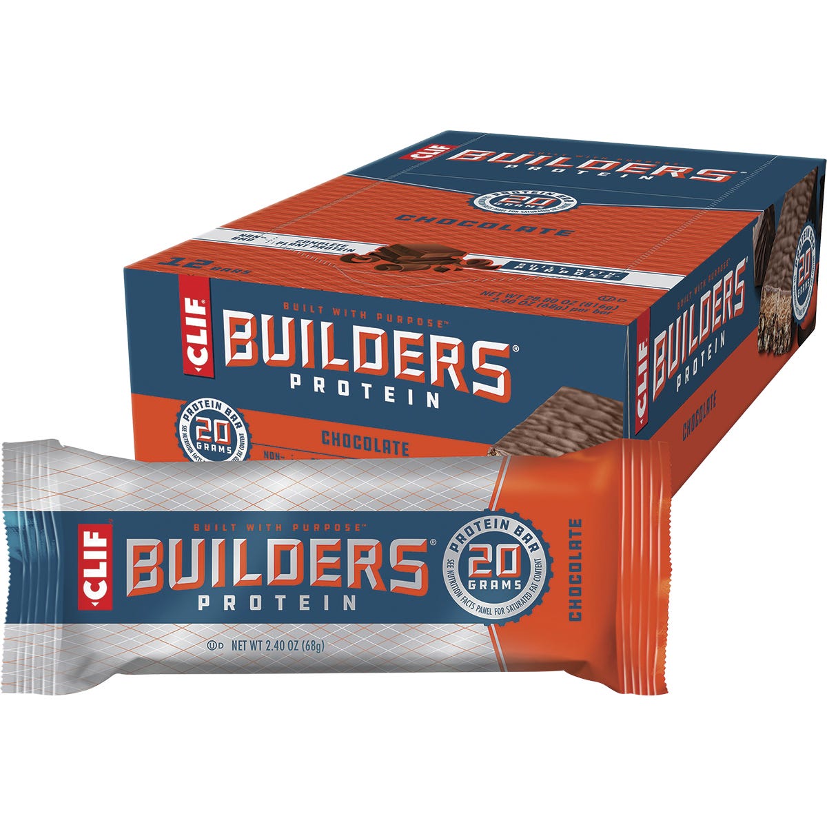 Twelve-pack of 68g Clif Builders Chocolate protein bars in a brown box with a chocolate splash and bar illustration.