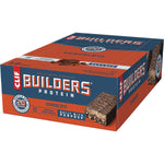 Back of Clif Builders Chocolate protein bar box with nutrition facts, ingredients, and 20g protein claim.