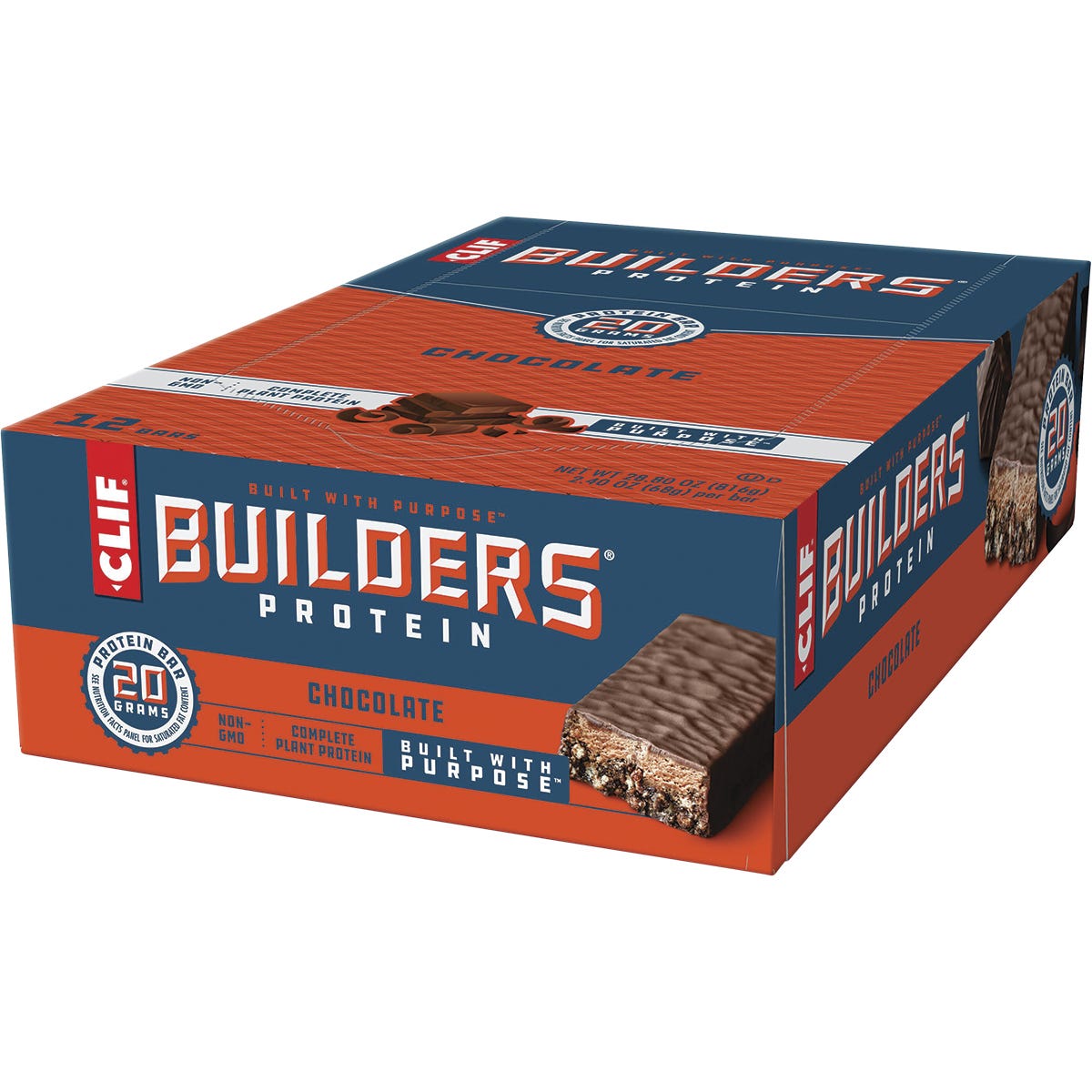 Back of Clif Builders Chocolate protein bar box with nutrition facts, ingredients, and 20g protein claim.
