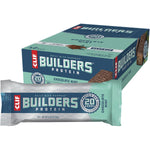 12-pack of 68g CLIF Builders Chocolate Mint protein bars in a green and brown box.