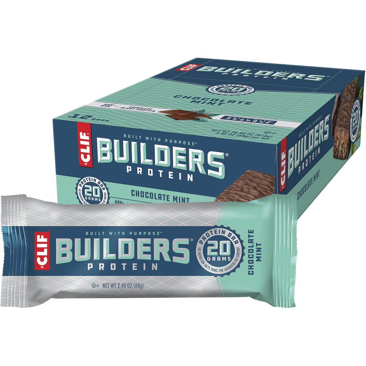 12-pack of 68g CLIF Builders Chocolate Mint protein bars in a green and brown box.