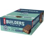 Back of a CLIF Builders Chocolate Mint bar wrapper showing nutrition facts, ingredients, and 20g protein claim.