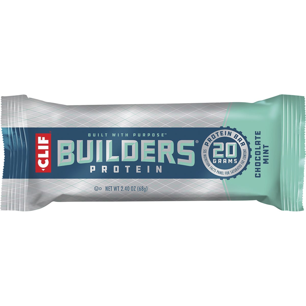 A single 68g CLIF Builders Chocolate Mint protein bar in its green and brown wrapper.