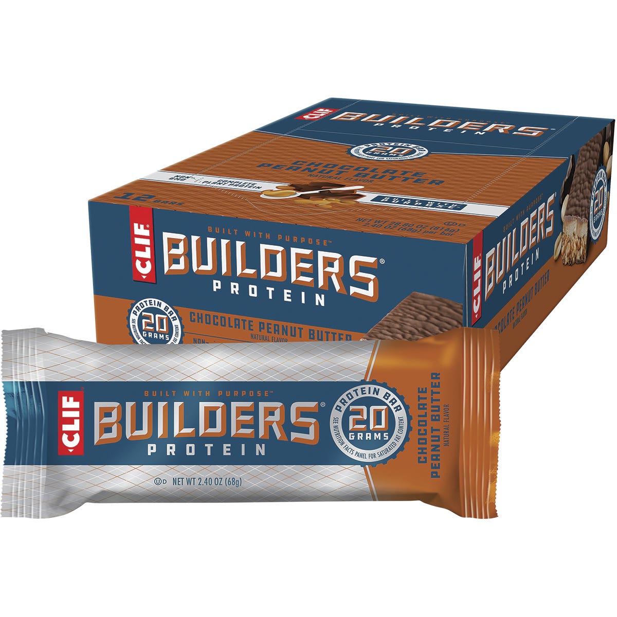 12-pack box of CLIF Builders Chocolate Peanut Butter protein bars, each with 20g of plant-based protein.