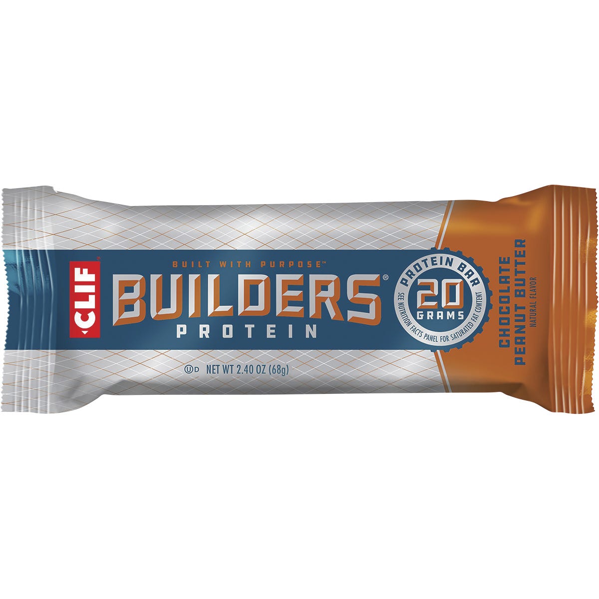 Wrapped CLIF Builders Chocolate Peanut Butter protein bar with 20g of plant-based protein on a white background.