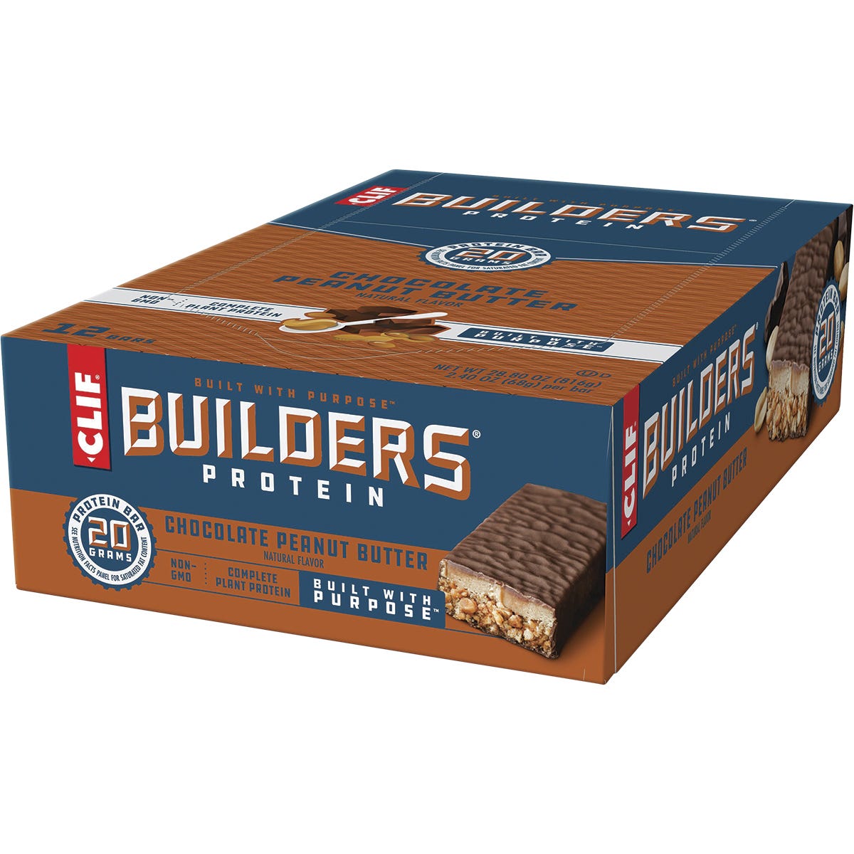 Back of CLIF Builders Chocolate Peanut Butter bar box showing nutrition facts, ingredients, and allergen information.