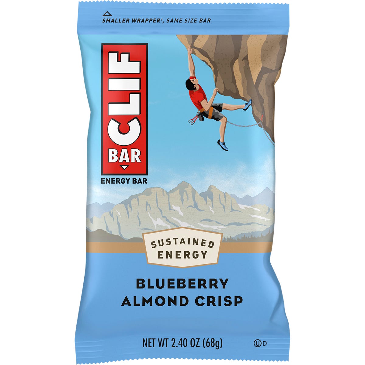 Wrapped 68g CLIF Energy Bar in Blueberry Almond Crisp flavor featuring organic oats and blueberries.