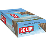 Close-up of a Blueberry Almond Crisp CLIF Energy Bar texture showing rolled oats, almonds, and dried blueberries.