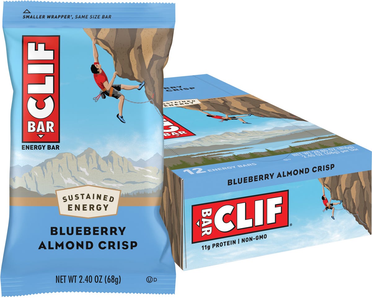 CLIF Energy Bar Blueberry Almond Crisp 12-pack box and individual bar with organic oats and almonds.