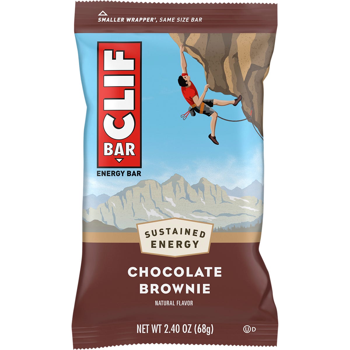 CLIF Energy Bar Chocolate Brownie 68g in a brown wrapper with a rock climber illustration on a white background.