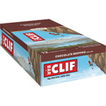 Retail display box of 12 CLIF Energy Bar Chocolate Brownie 68g packs on a white background.