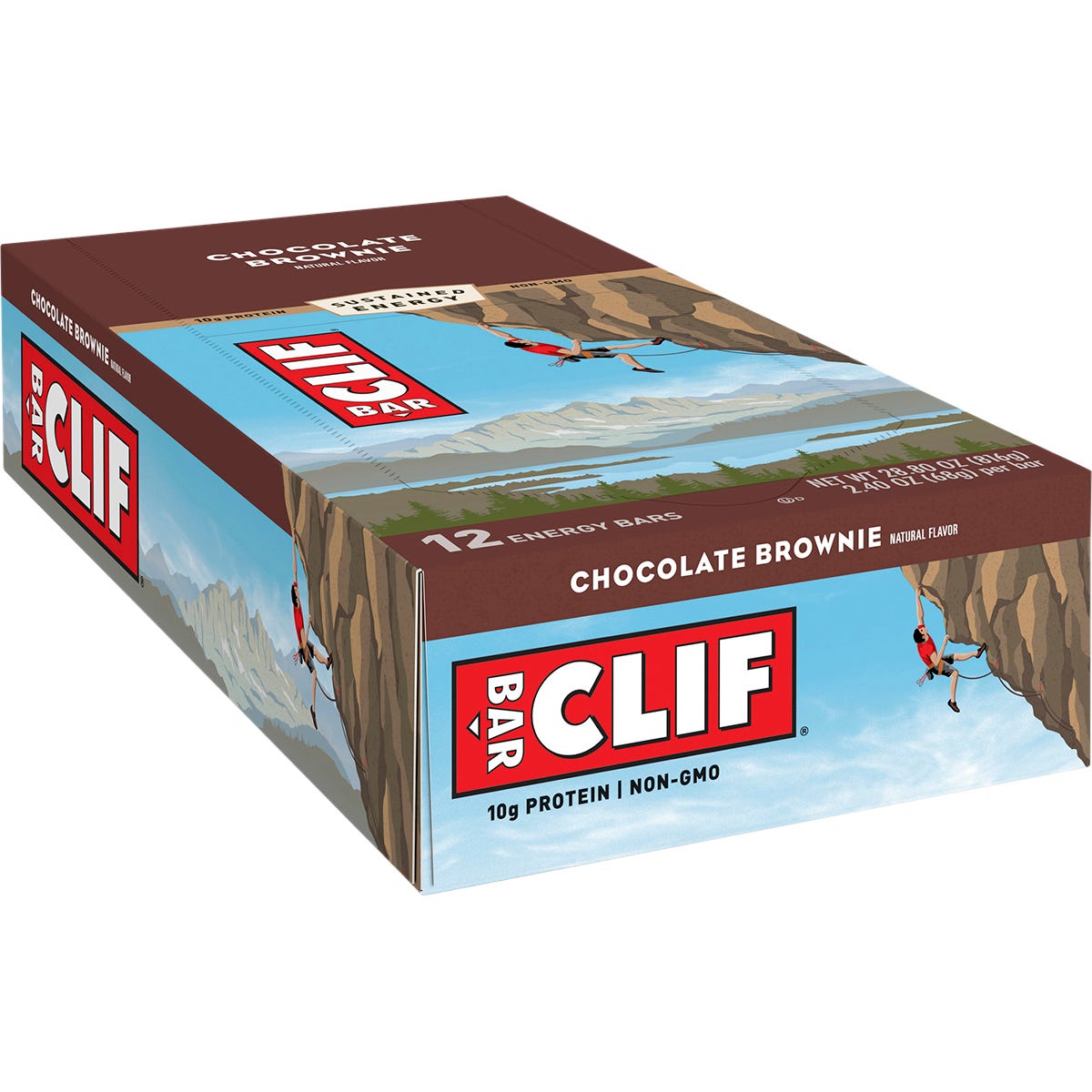 Retail display box of 12 CLIF Energy Bar Chocolate Brownie 68g packs on a white background.