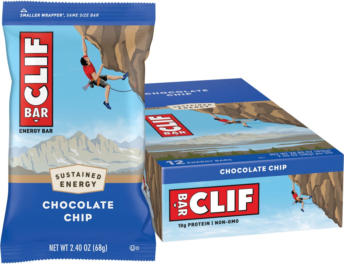 12-pack of CLIF Energy Bar Chocolate Chip 68g with a single wrapped bar and chocolate chip illustrations.