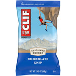 Close-up of a 68g CLIF Energy Bar in Chocolate Chip flavor with a rock climber icon on the brown and white wrapper.