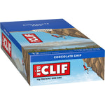 Side of CLIF Chocolate Chip Energy Bar box with product description, sustainability info, and chocolate chip illustrations.