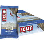Single wrapped 68g CLIF Energy Bar in Chocolate Chip flavor featuring a rock climber illustration on a white background.