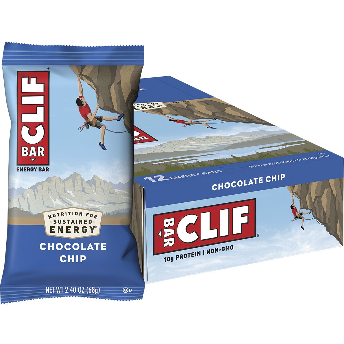 Single wrapped 68g CLIF Energy Bar in Chocolate Chip flavor featuring a rock climber illustration on a white background.