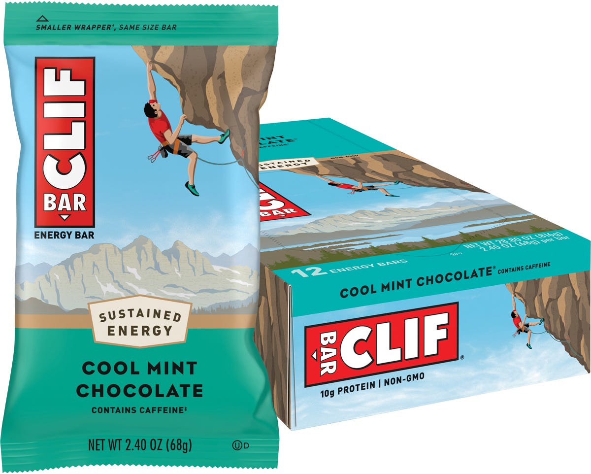 12-pack box of CLIF Bar Cool Mint Chocolate energy bars with 49mg caffeine and organic rolled oats.