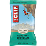 CLIF Bar Cool Mint Chocolate 68g energy bar in a white and green wrapper with 49mg caffeine and organic rolled oats.