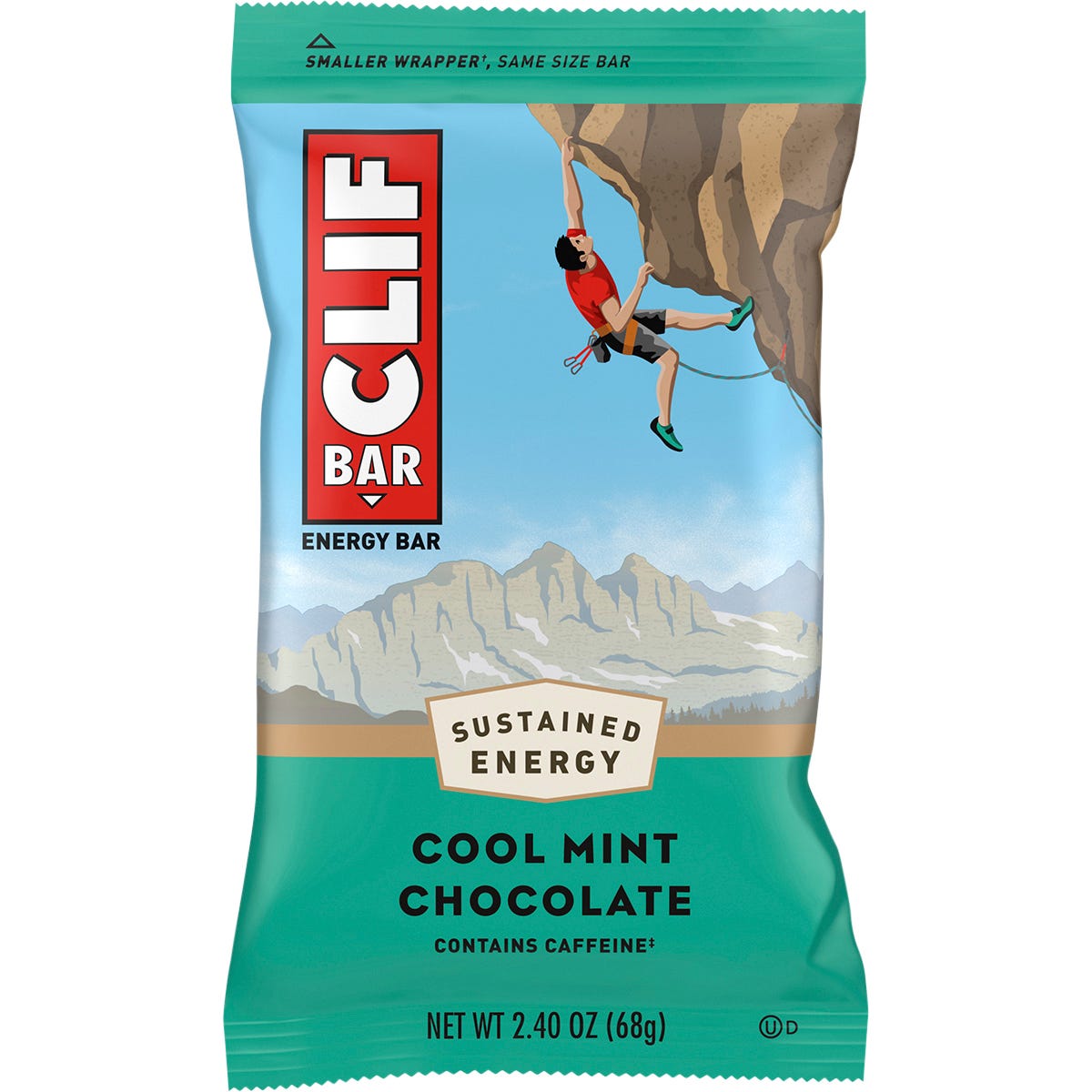 CLIF Bar Cool Mint Chocolate 68g energy bar in a white and green wrapper with 49mg caffeine and organic rolled oats.