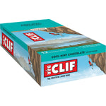 Back of CLIF Bar Cool Mint Chocolate box showing nutrition facts, ingredients, and organic certifications.