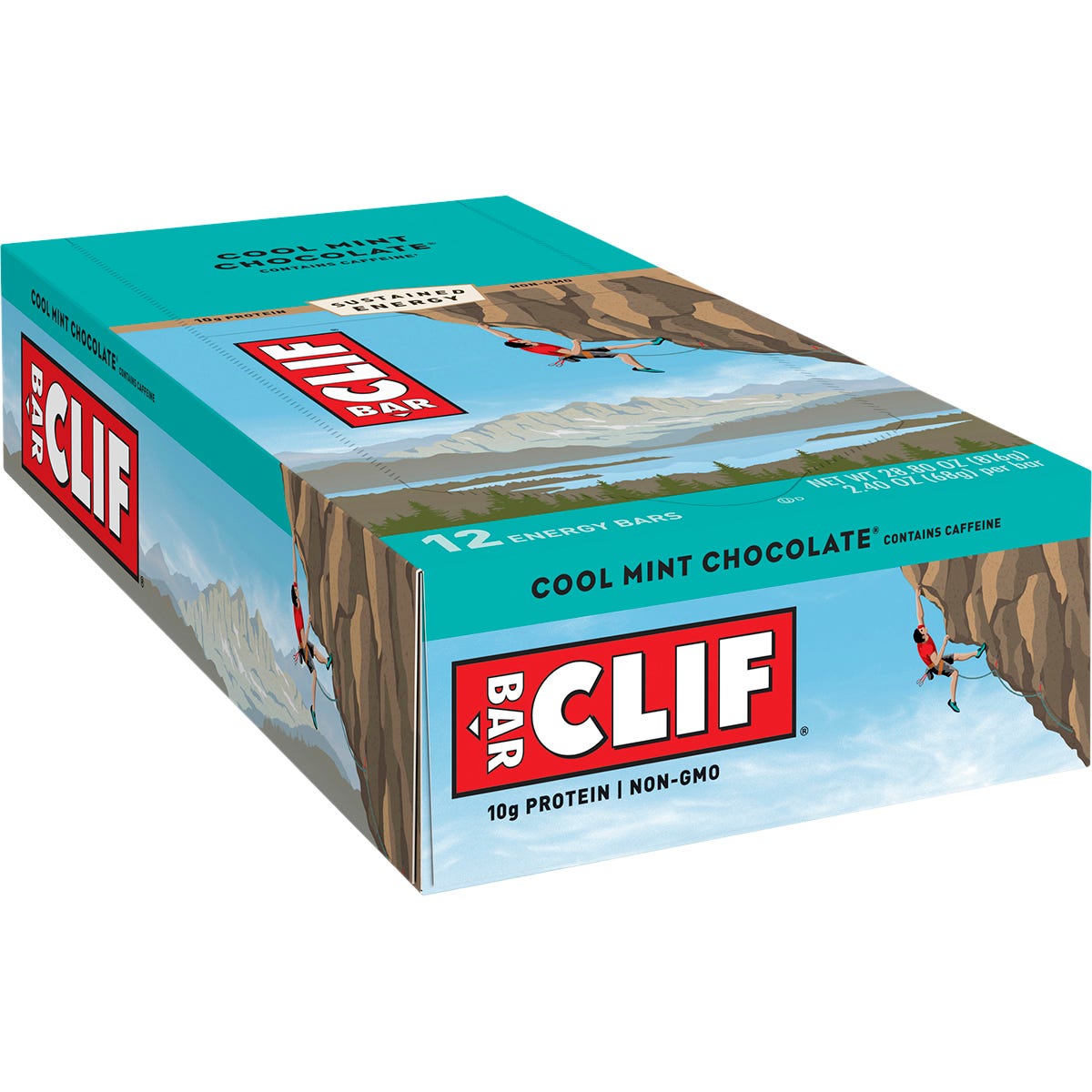 Back of CLIF Bar Cool Mint Chocolate box showing nutrition facts, ingredients, and organic certifications.