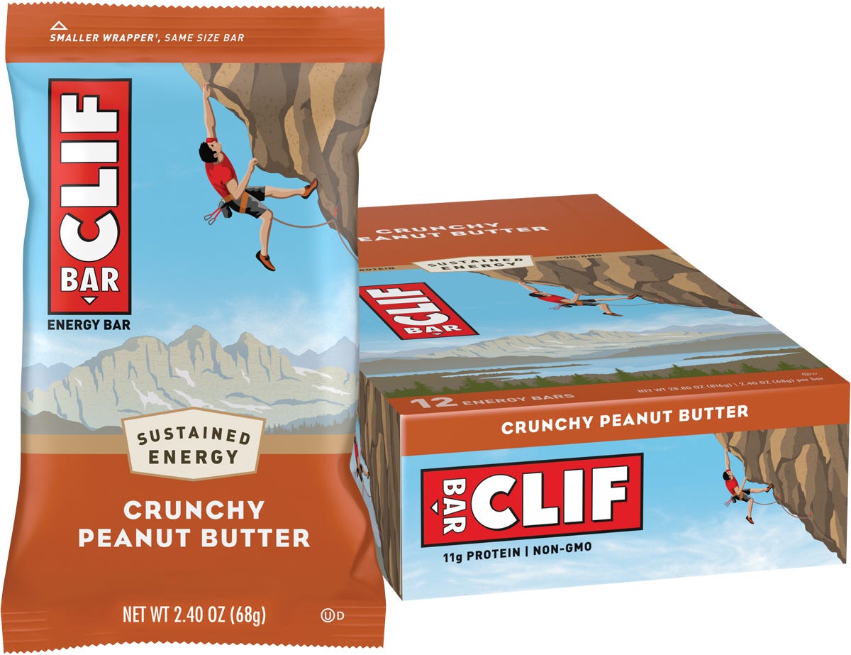 12-pack box of CLIF BAR Crunchy Peanut Butter energy bars made with organic rolled oats.