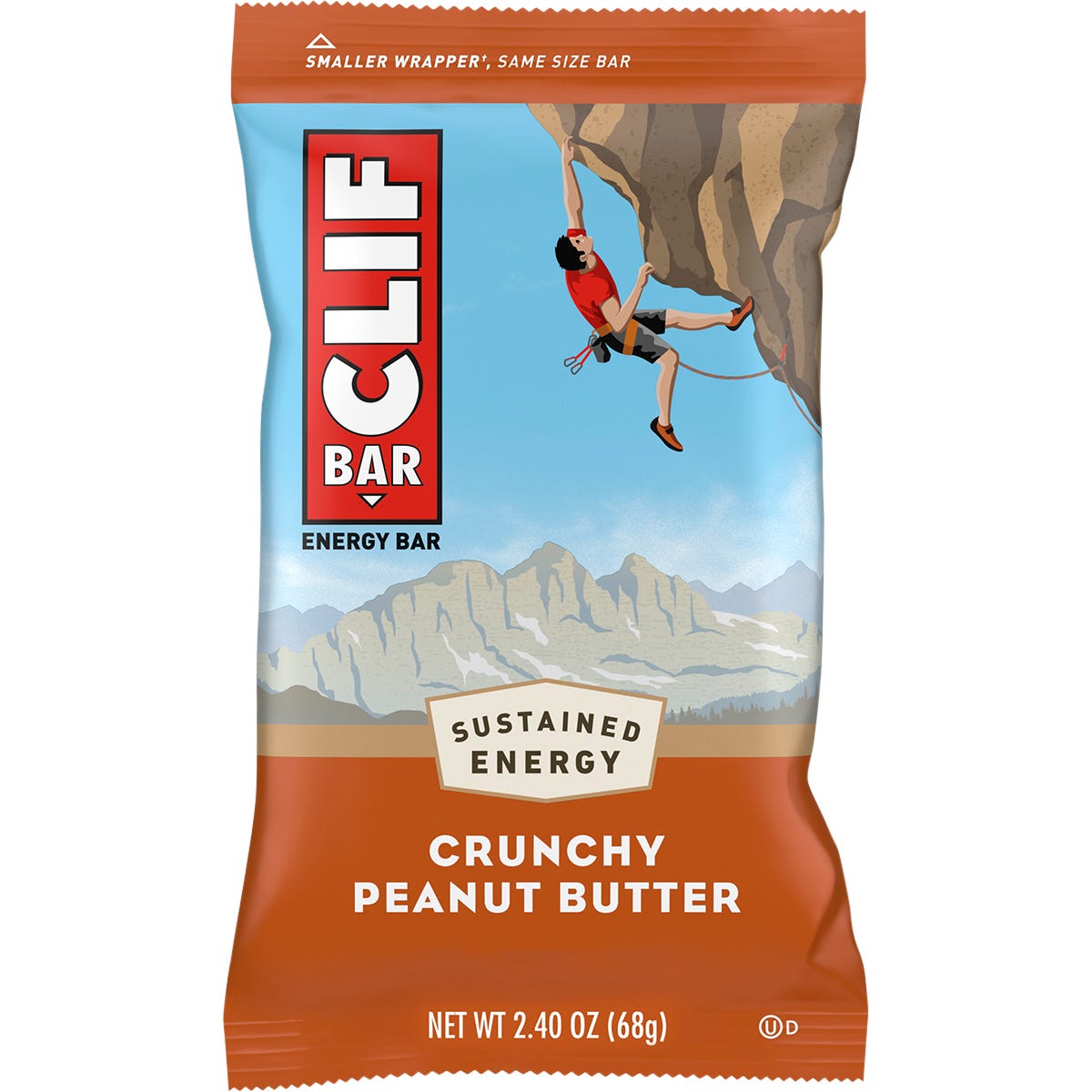 Single wrapped 68g CLIF BAR Crunchy Peanut Butter energy bar with organic rolled oats on a white background.