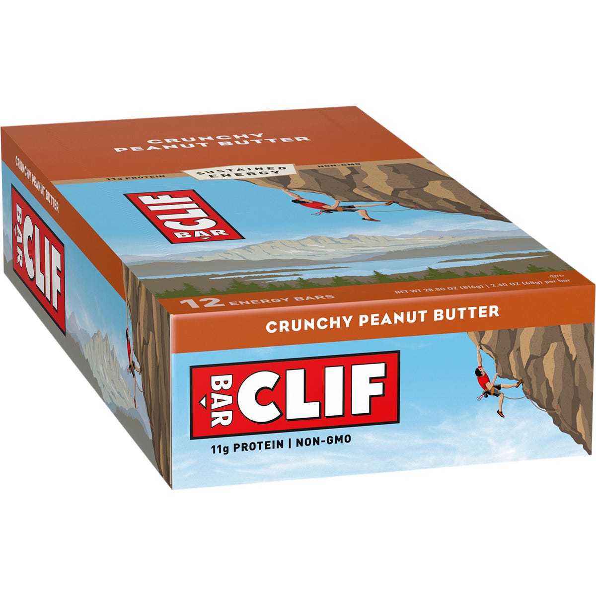 Back of CLIF BAR Crunchy Peanut Butter 12-pack box with nutrition facts, ingredients, and product information.