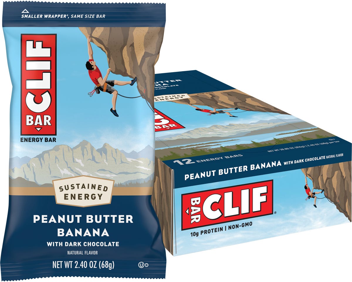 12-pack box and single bar of CLIF Peanut Butter Banana with Dark Chocolate energy bars on a white background.